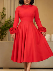 Mock Neck Floral Sleeve A Line Midi Dress