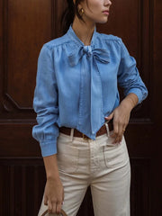 Fashion Tie Neck Long Sleeve Denim Top