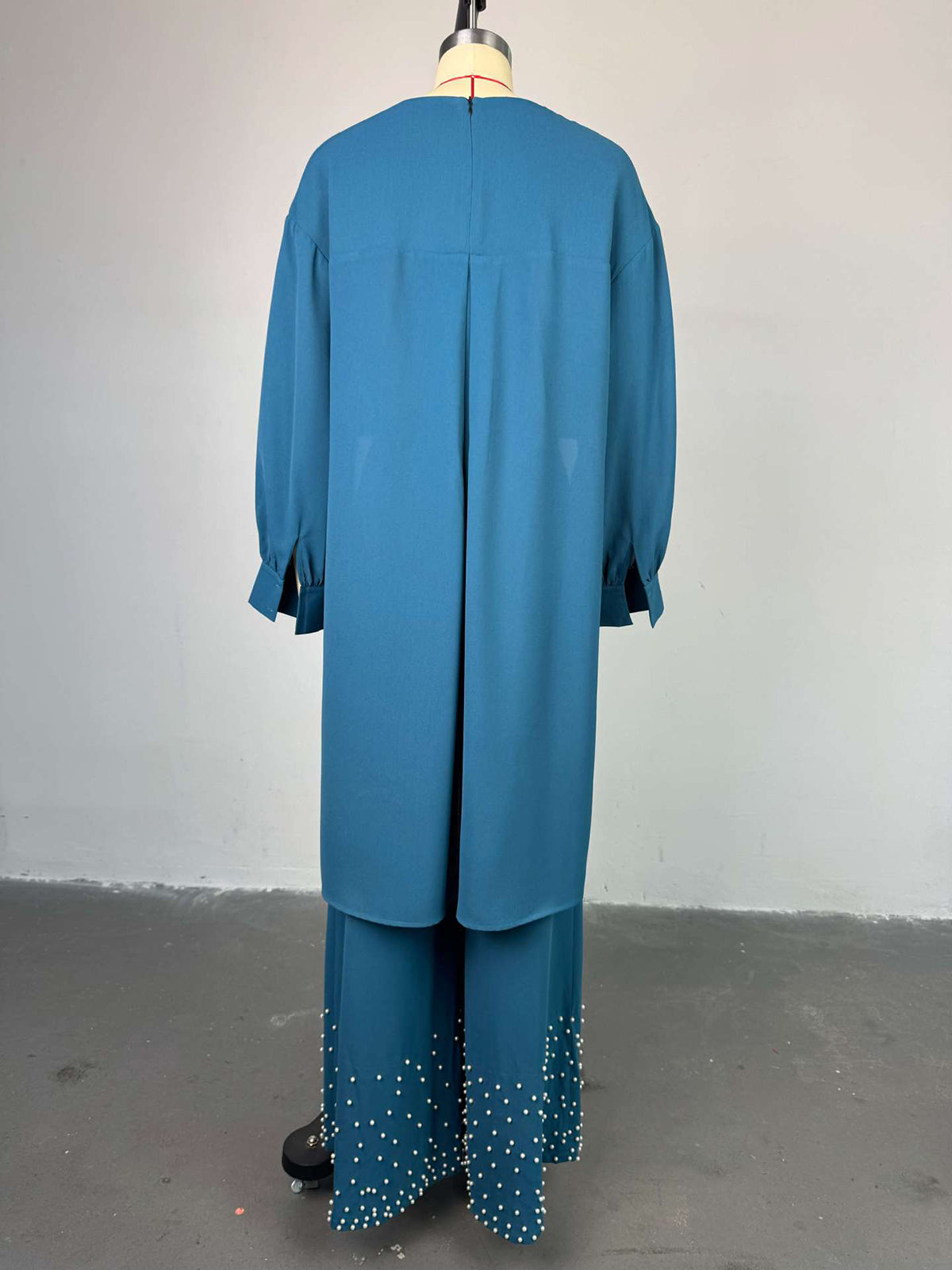 O Neck Crop Top and Pearls Decor Wide Leg Pants Set