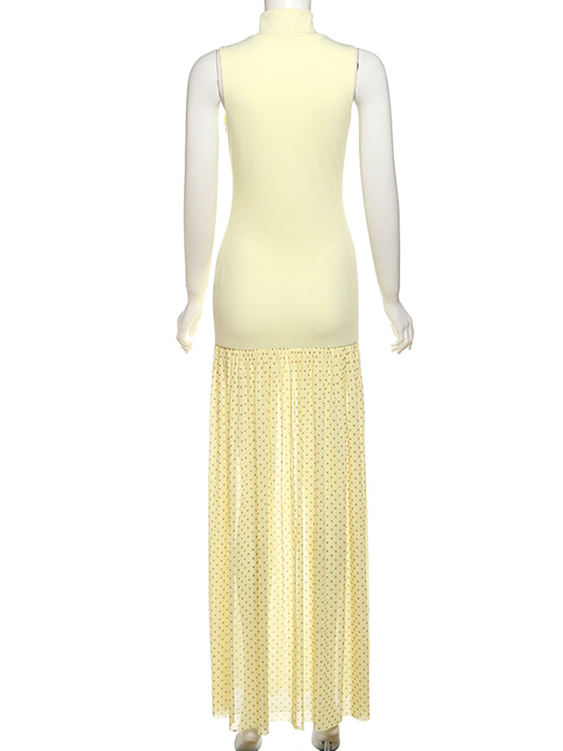 High Collar Polka Dot Sheer Mesh Patchwork Maxi Dress