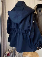 High Collar Drawstring Zip Jacket