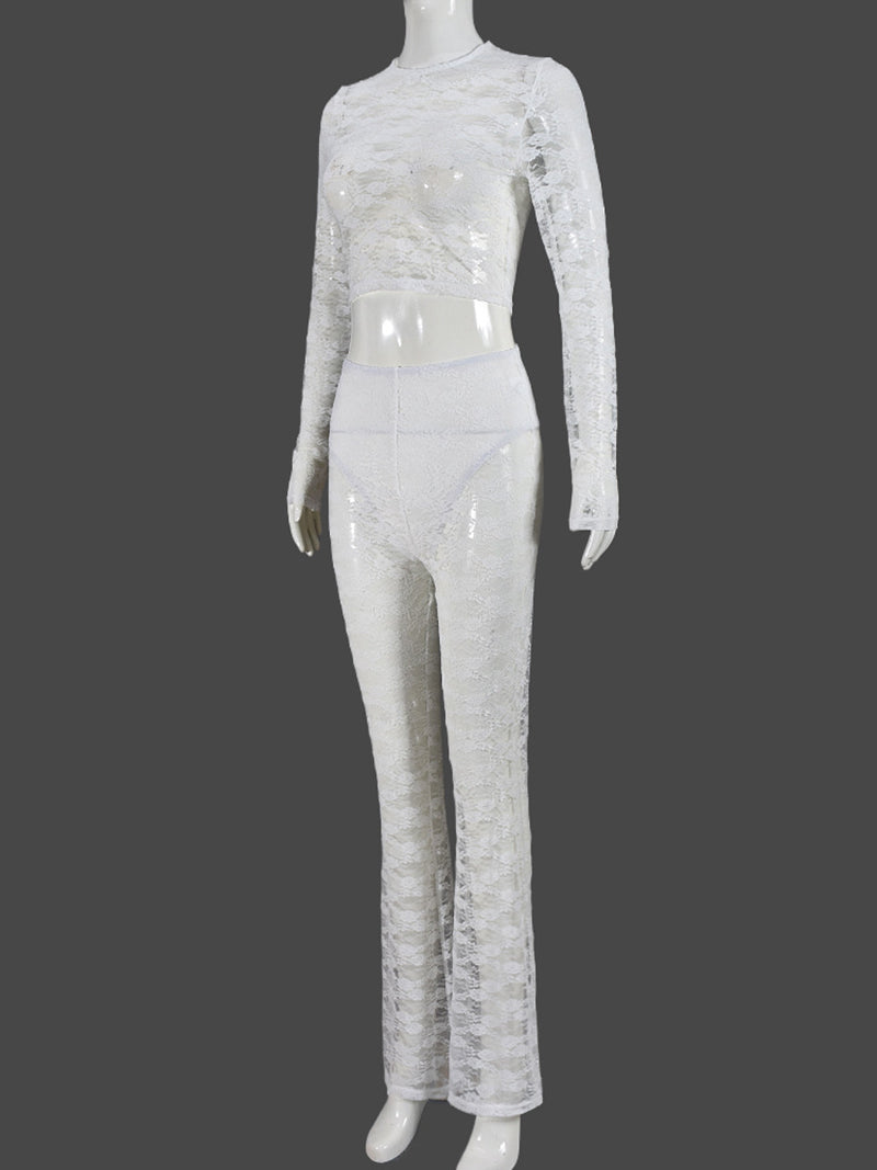 Sexy Sheer Mesh Lace Crop Top Flare Pants Sets
