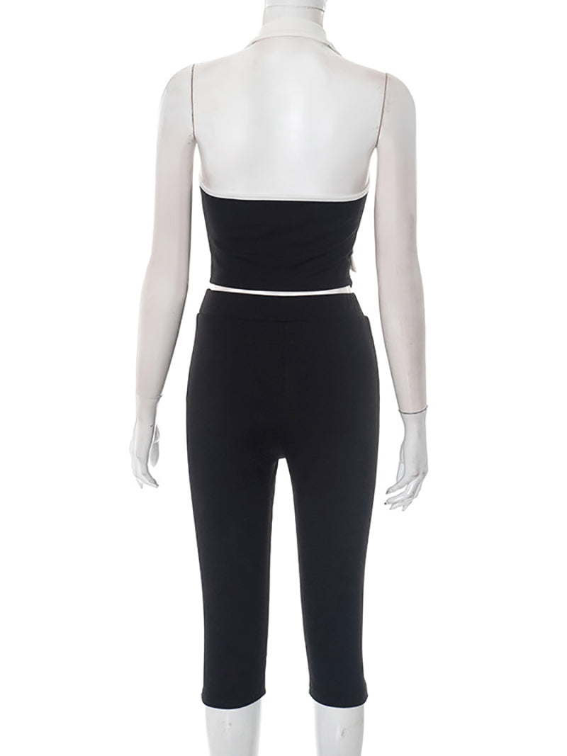 Halter Top Skinny Slit Capri Pants Two Piece Set