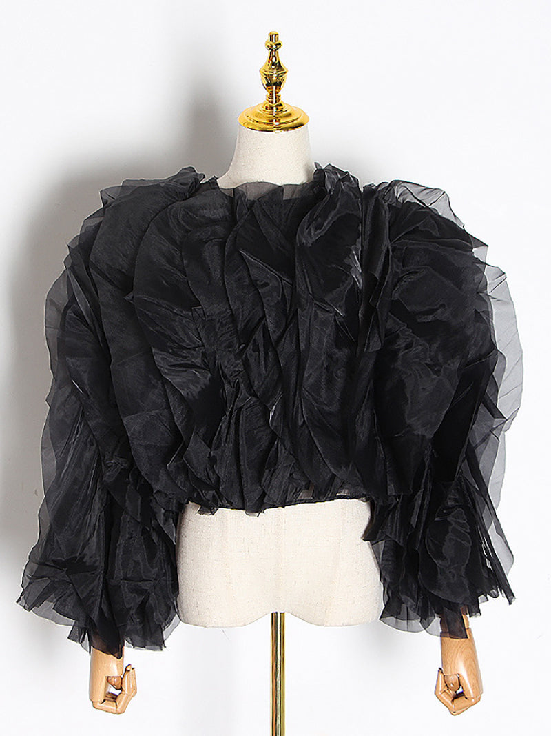 Fashion Round Neck Lace-up Ruffle Blouse