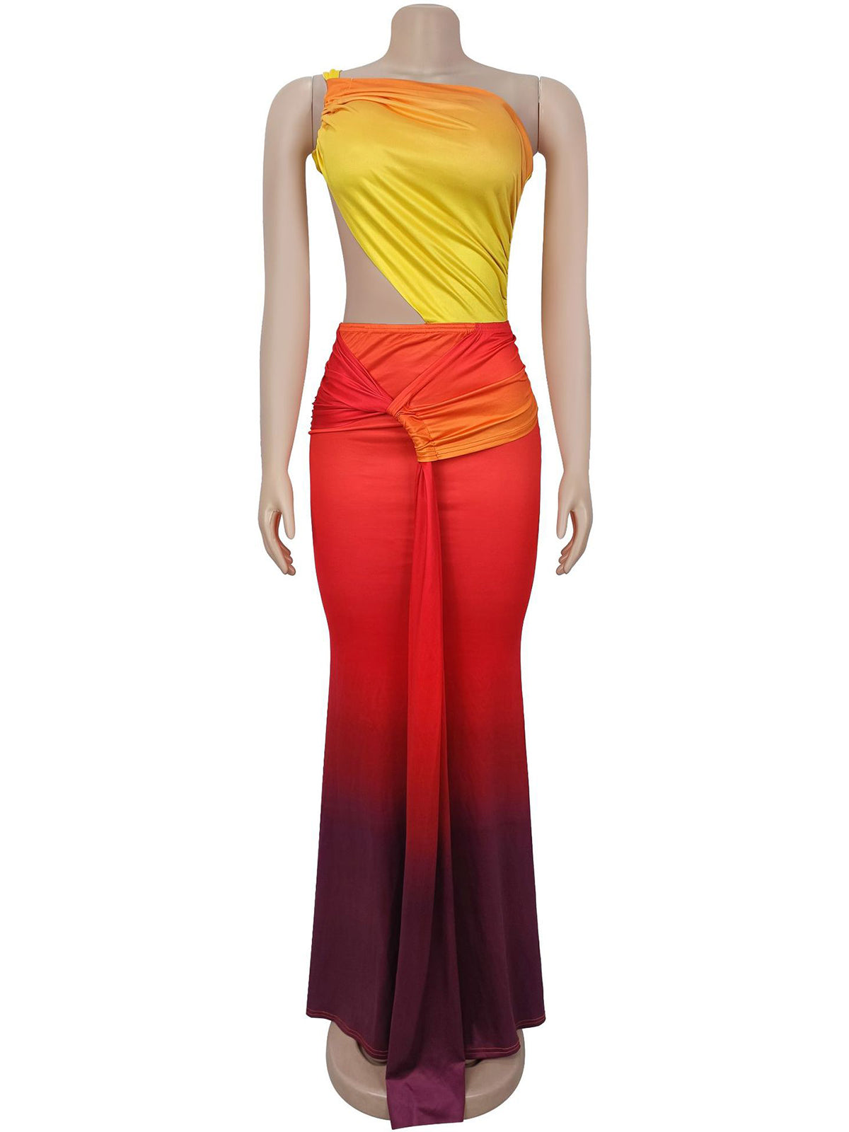 Sexy Hollow Out Gradient Color Ruched Maxi Dress