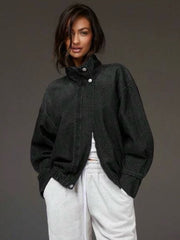 Stand Collar Denim Moto Jacket