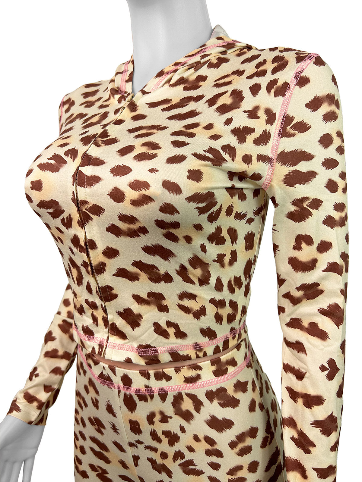 Leopard Print Zipper Hooded Tops Tight Pants Sets