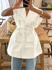 Casual Button V Neck Belted Sleeveless Top
