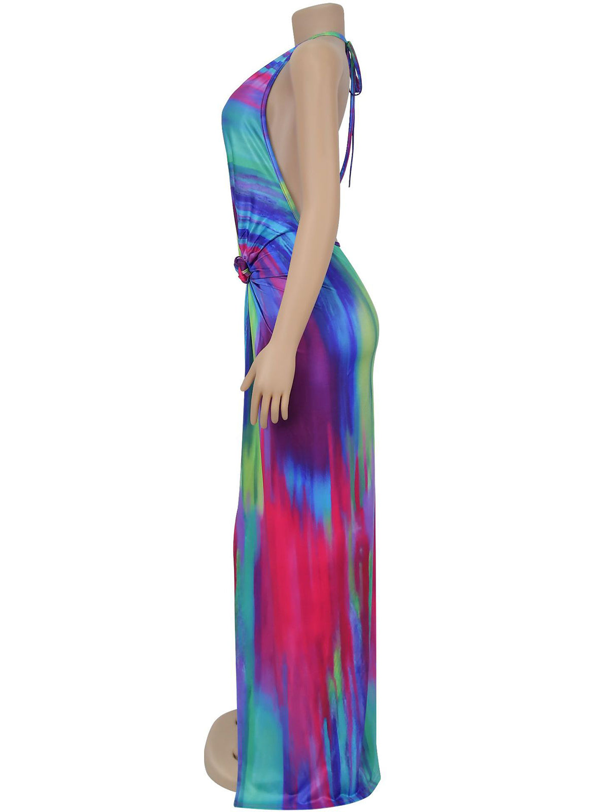 Sexy Halter Backless Gradient Color Ruched Maxi Dress
