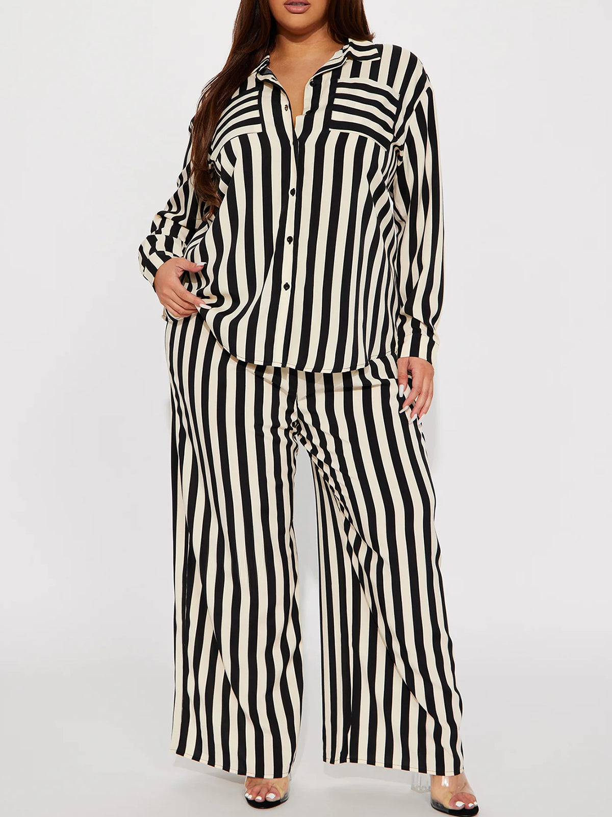 Plus Size Long Sleeve Stripe Shirt Wide Leg Pants Sets