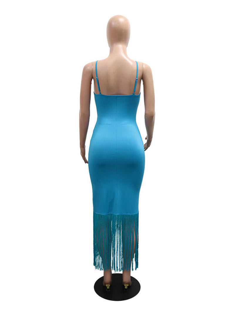 Sexy Spaghetti Straps Fringe Bandage Maxi Dress