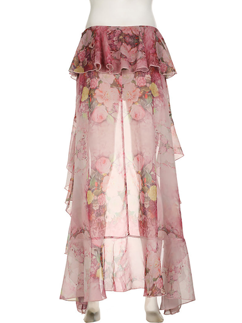 Fashion Floral Print Vacation Ruffles Skirts