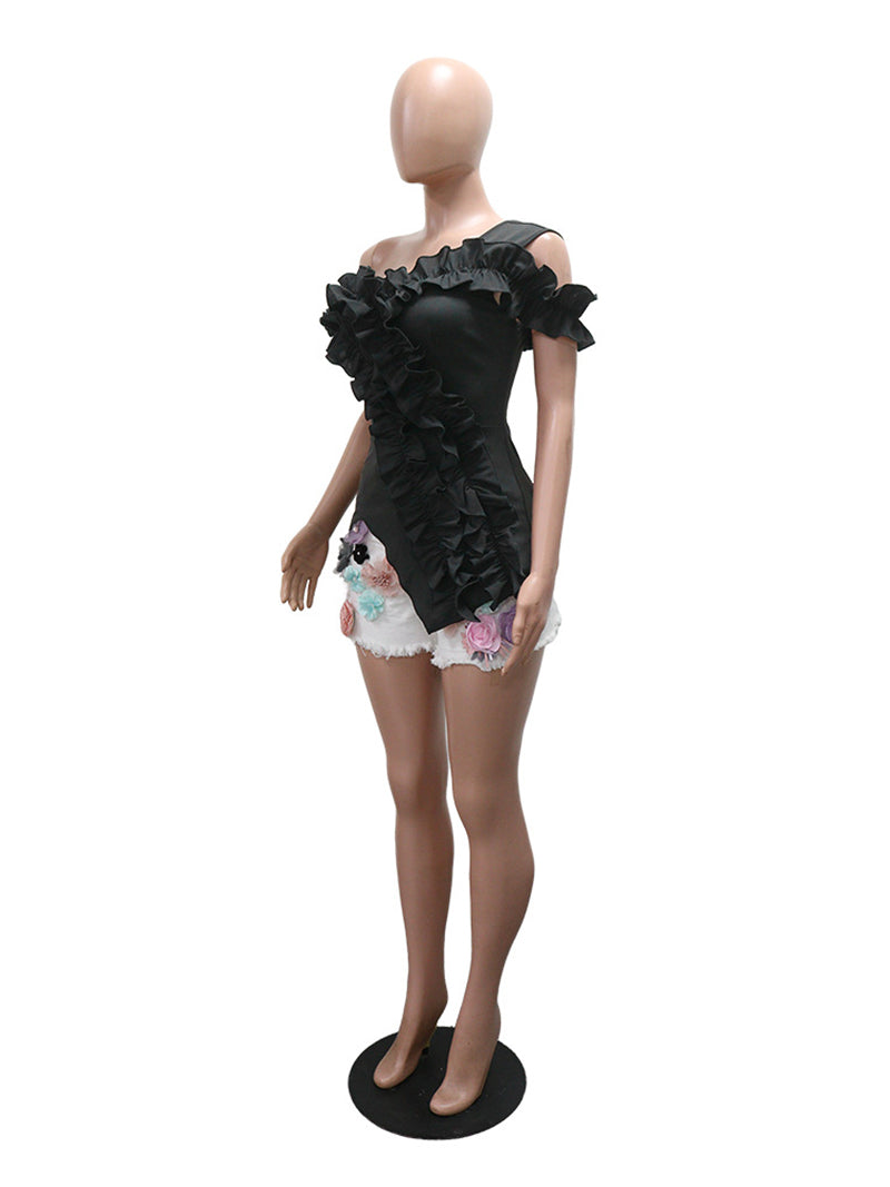 Fashion One Shoulder Irregular Ruffles Tops