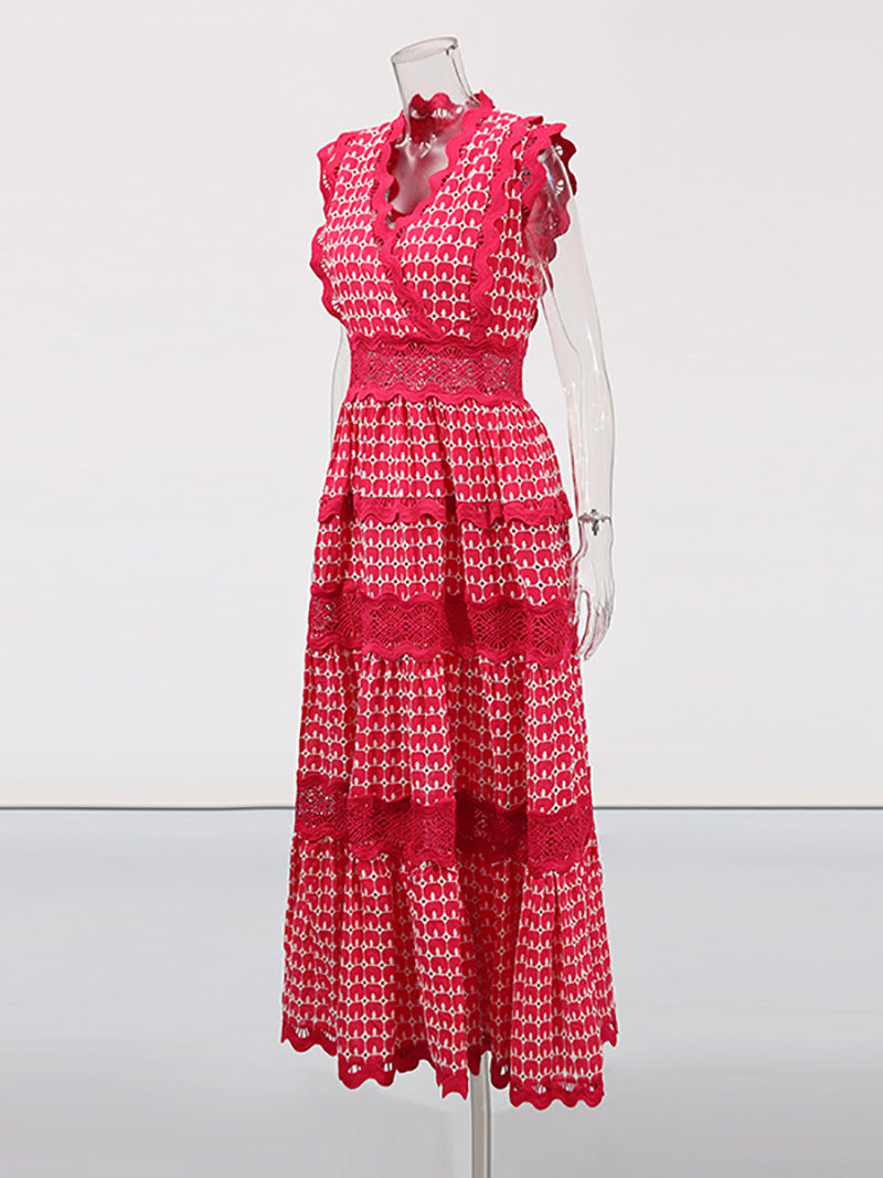 Elegant V-neck Embroidered Lace Maxi Dress