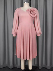 V Neck Lantern Sleeve Flower Decor Pleated Midi Dress