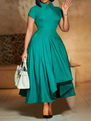 Solid Color Patchwork Ruched O Neck A Line Dress