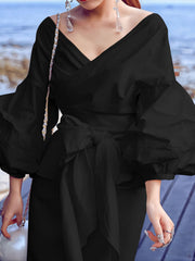 Elegant V Neck Cross Bandage Bubble Sleeve Shirts