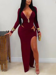 Sexy Deep V Hollow Out High Split Maxi Dress