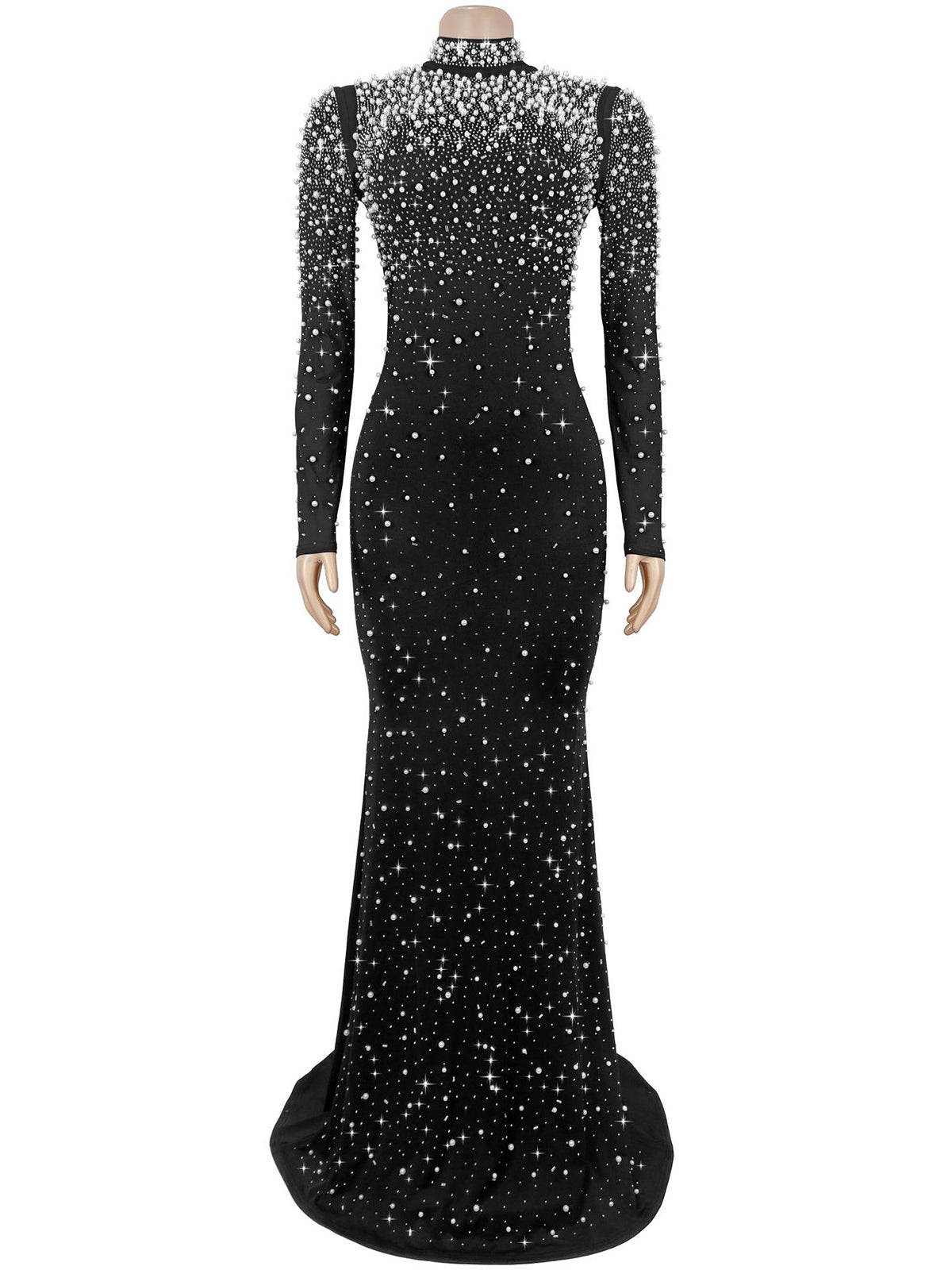 Elegant High Neck Beaded Pearl Bodycon Mermaid Dress