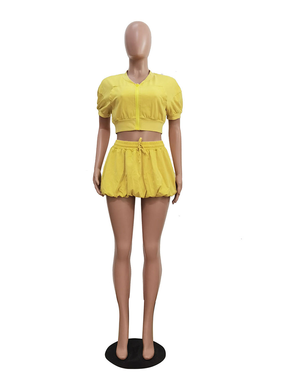 Fashion Zipper Crop Top Bubble Skirt Casual  Set
