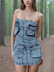 Sexy Strapless Pocket Slim Fit Denim Dress