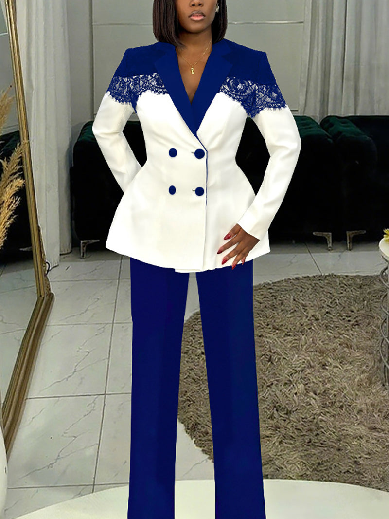 Elegant Lace Patchwork Slim Blazer And Pants Suit