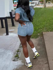 Casual Denim Lapel Short-Sleeve Crop Top Short Pants Sets