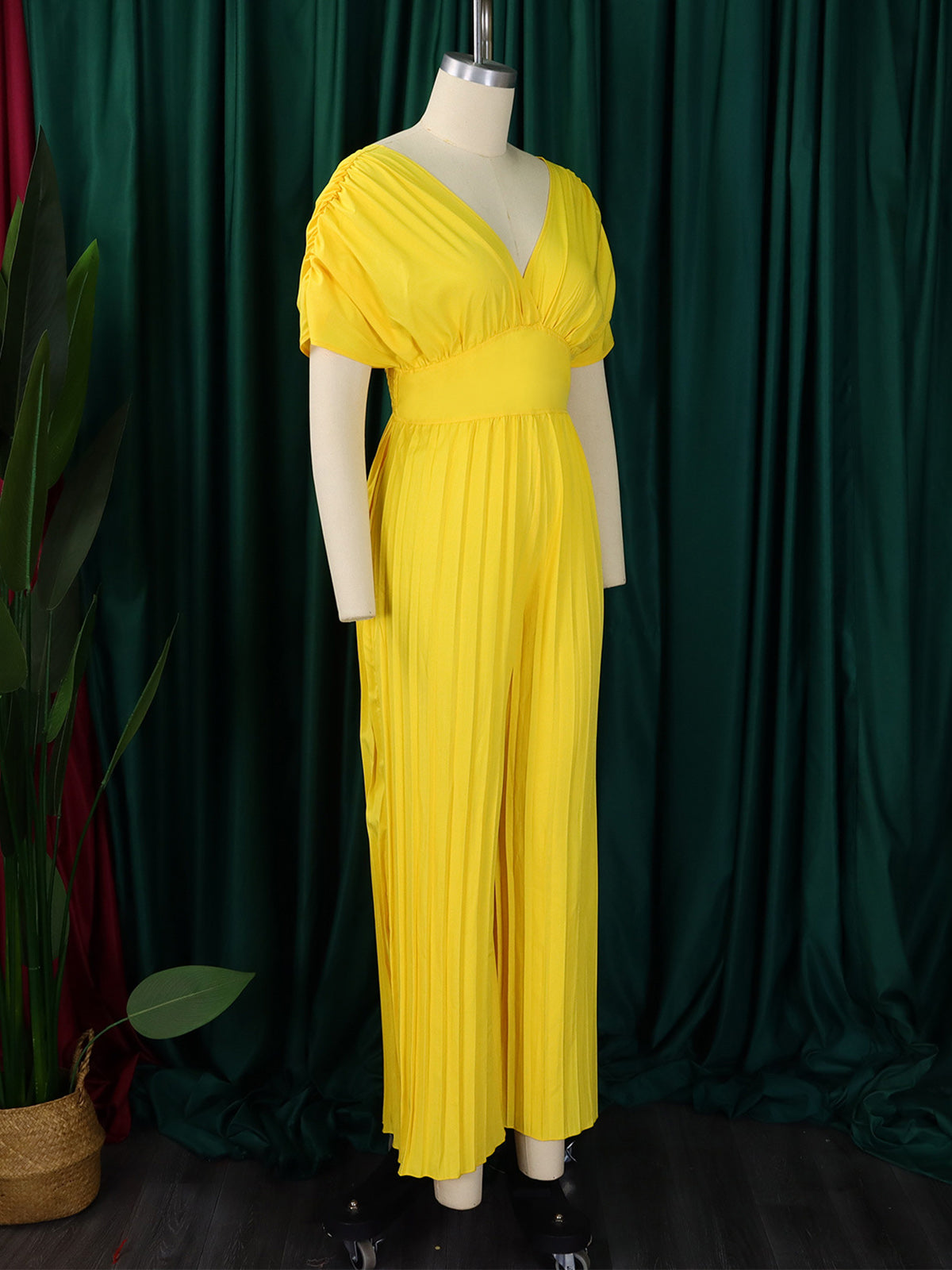 Elegant V-Neck Pleated Wide Leg Jumpsuit