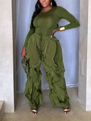 Casual Bodysuit And Ruffle Wide Leg Pants Two Piece Set