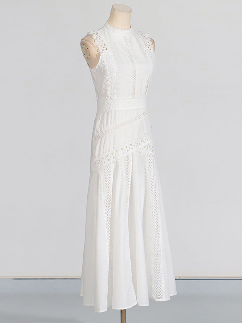 Elegant Lace Patchwork Sleeveless Midi Dress