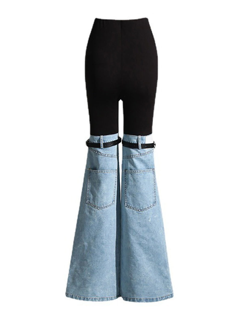 Fashion Denim Patchwork High Waist Bottom Flare Jeans