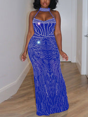 Sexy Halter Rhinestone See-Through Maxi Dress