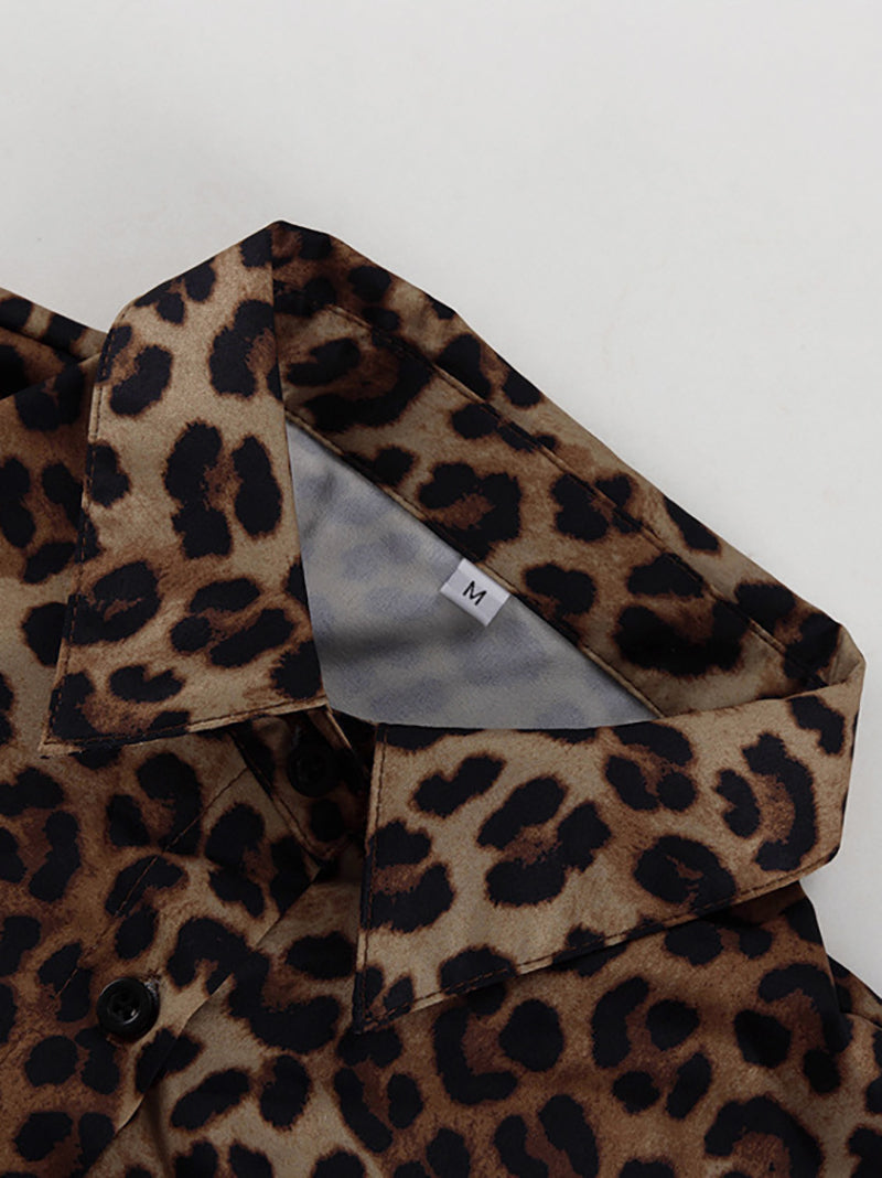 Leopard Print Patchwork Feather Long Sleeve 2 Piece Set