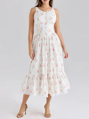 Fashion Floral Print Drawstring Ruffle Midi Dress