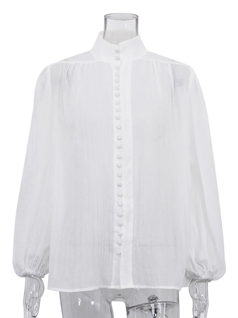 Elegant Stand Collar Puff Sleeve Loose Blouse