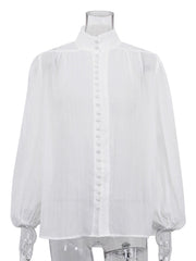 Elegant Stand Collar Puff Sleeve Loose Blouse