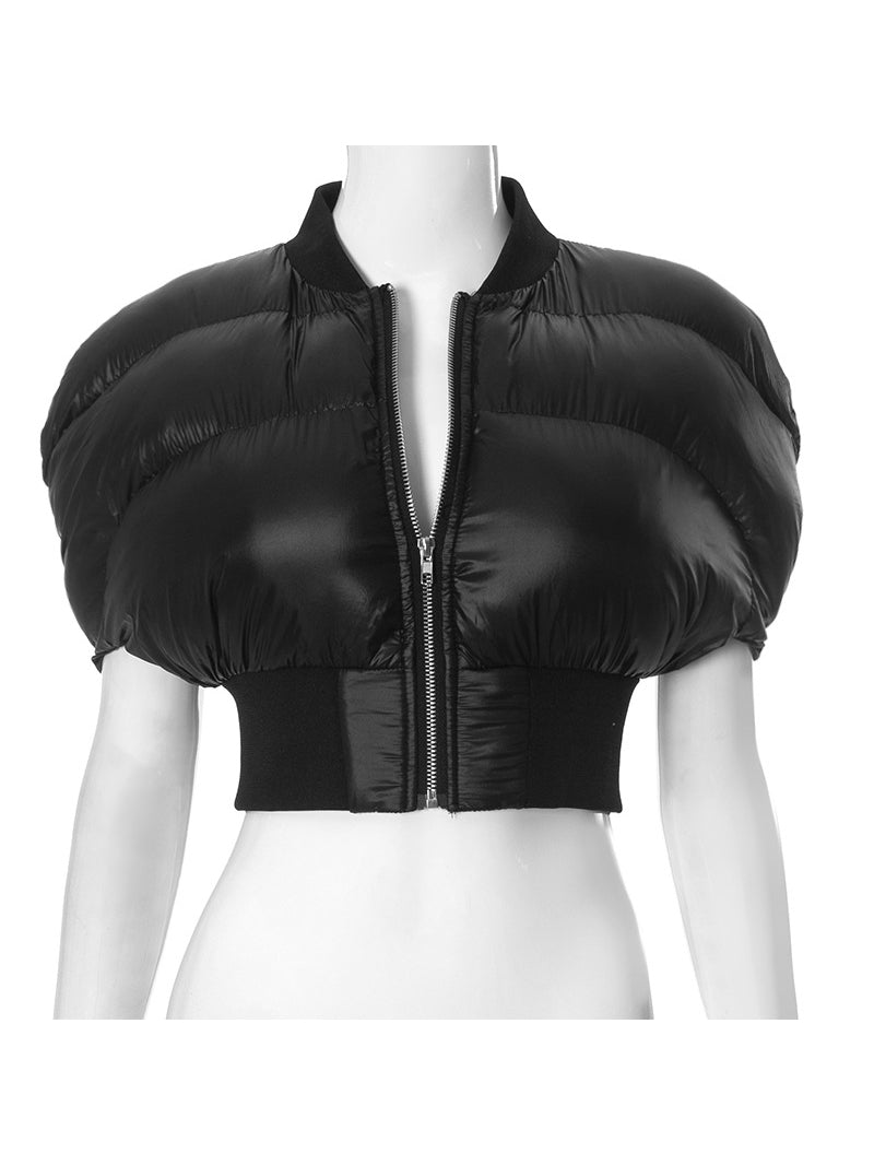 Black Cropped Short Sleeve Puffer Jackets Coats