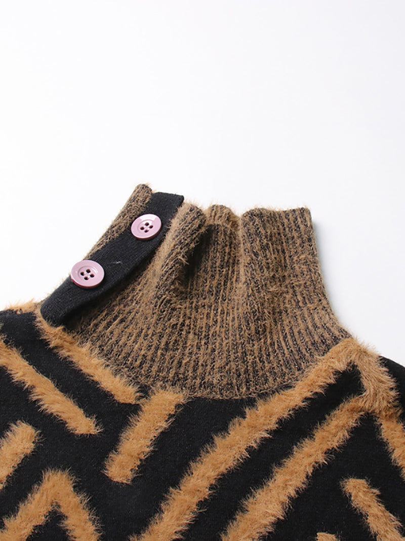 Striped Knitted High Neck Sweater Dress