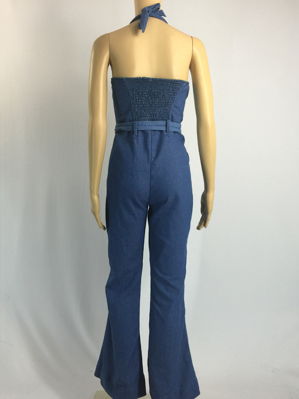 Sexy Sleeveless Slim Denim Halter Belt Jumpsuit