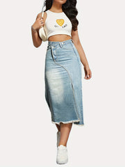 Retro High Waist Denim Split Skirt