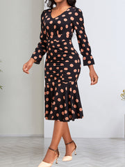 Elegant Polka Dots Ruched Ruffle Hem Mermaid Pencil Midi Dresses