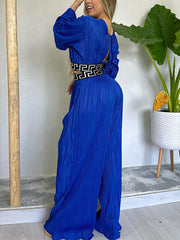 V-neck Flared Sleeve Top and Wide Leg Pants Set