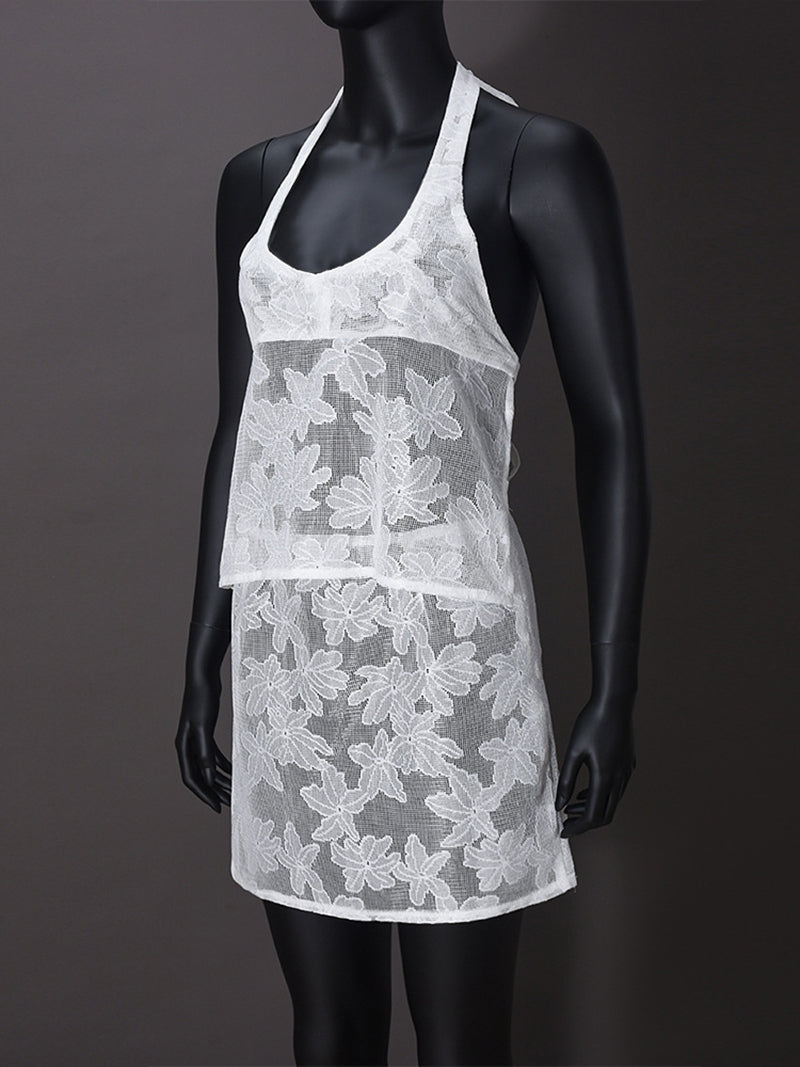 Sheer Mesh Jacquard Halter Backless Mini Skirt Sets