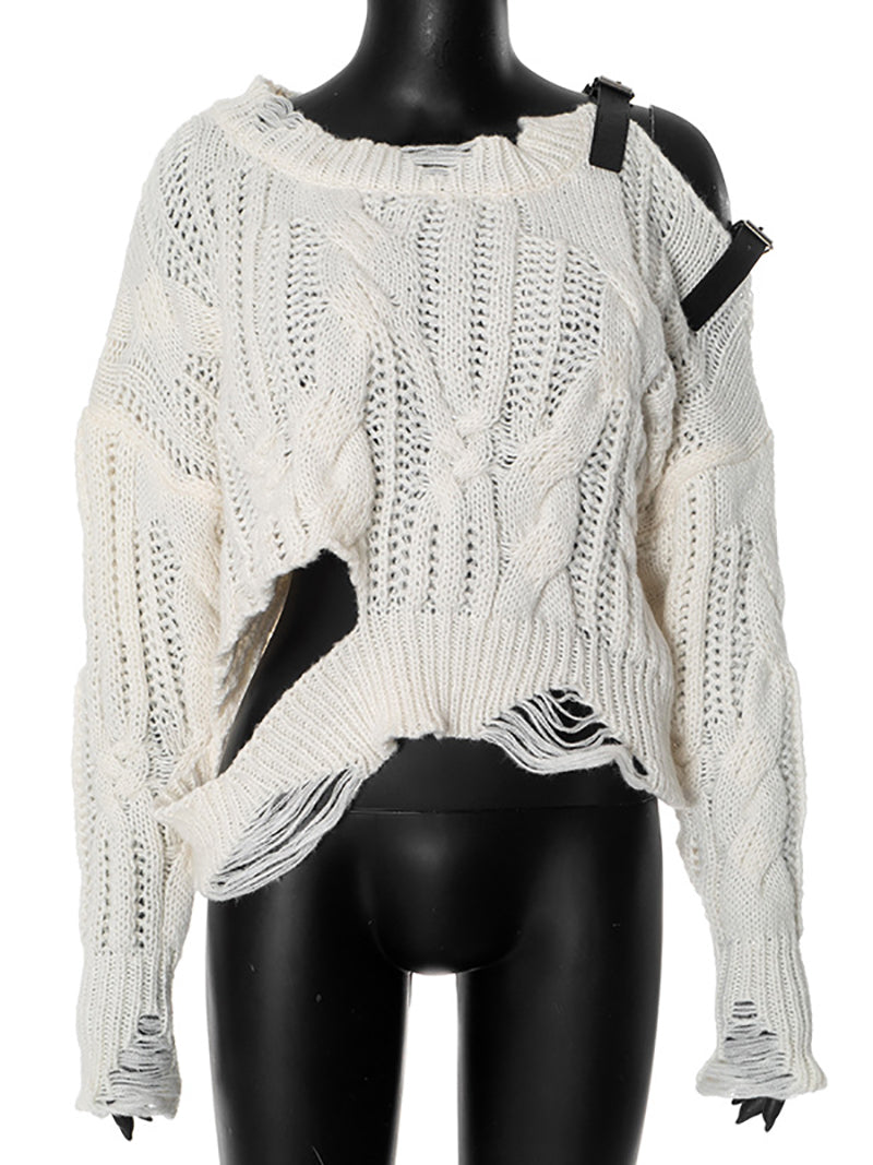 Fashion Loose Asymmetrical Neck Tape Detail Sweater