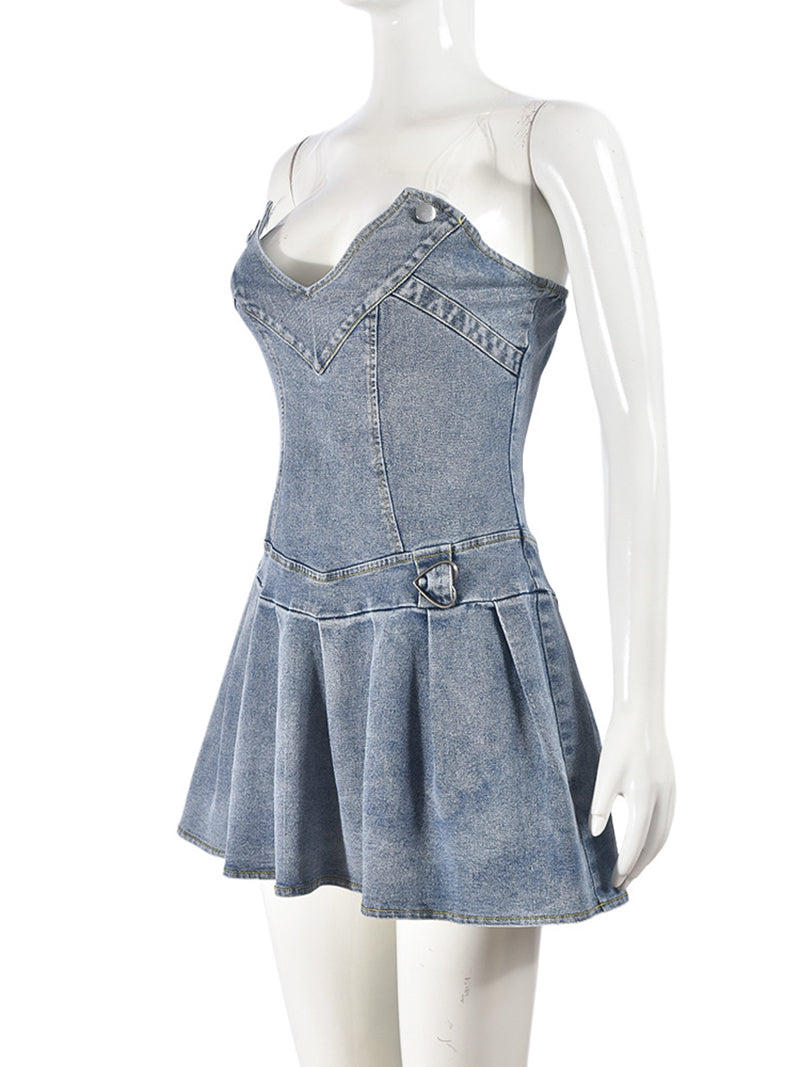 Sexy Strapless Denim Pleated Dress