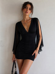 Lace V Neck Split Cape Sleeve Mini Dress