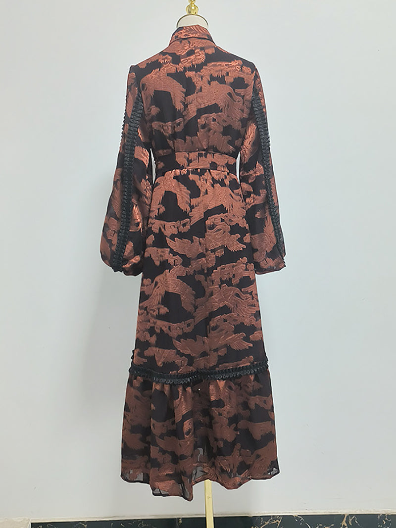 Elegant Turn-down Collar Print Lace-up Maxi Dress