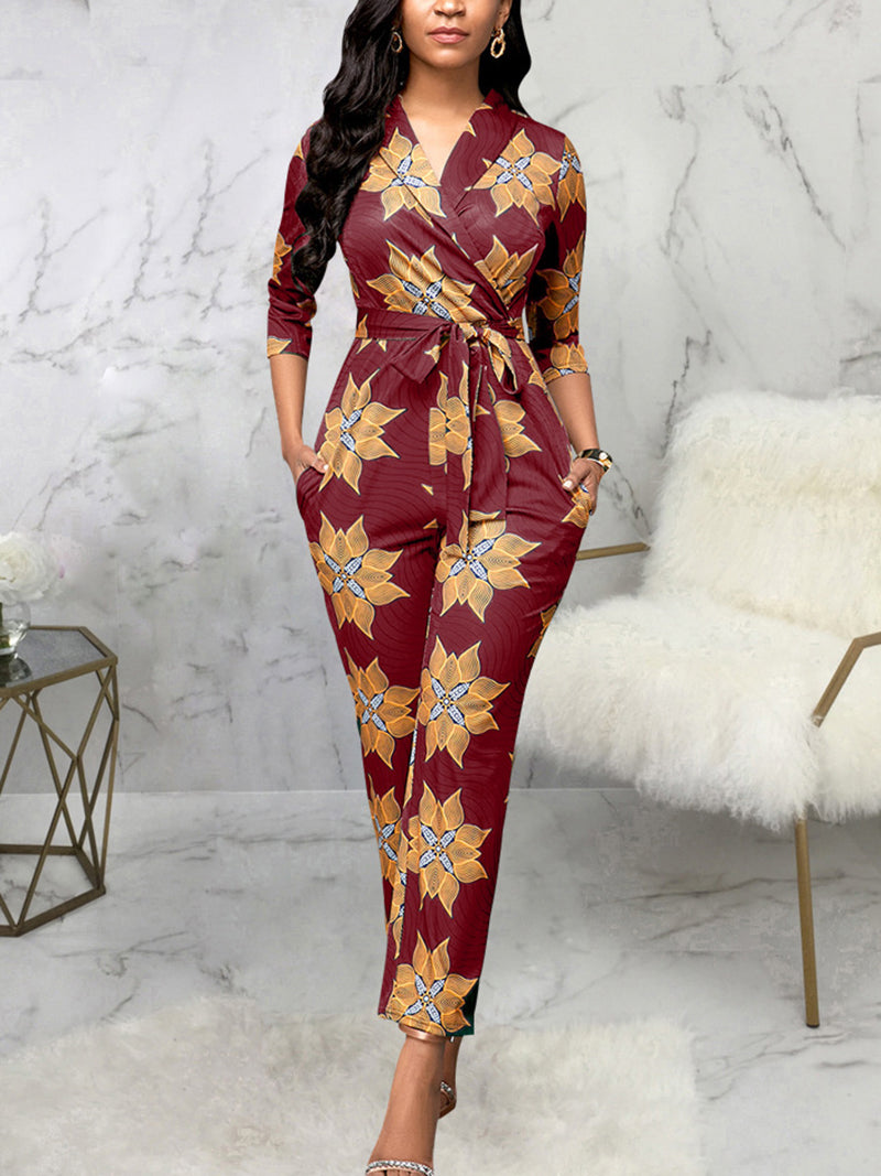 Casual V Neck Print Slim Fit Jumpsuit