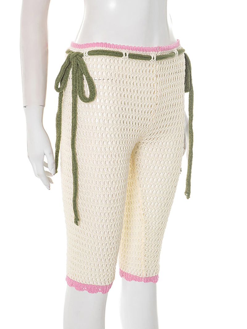 Fashion Hollow out Knit Drawstring Capri Pants