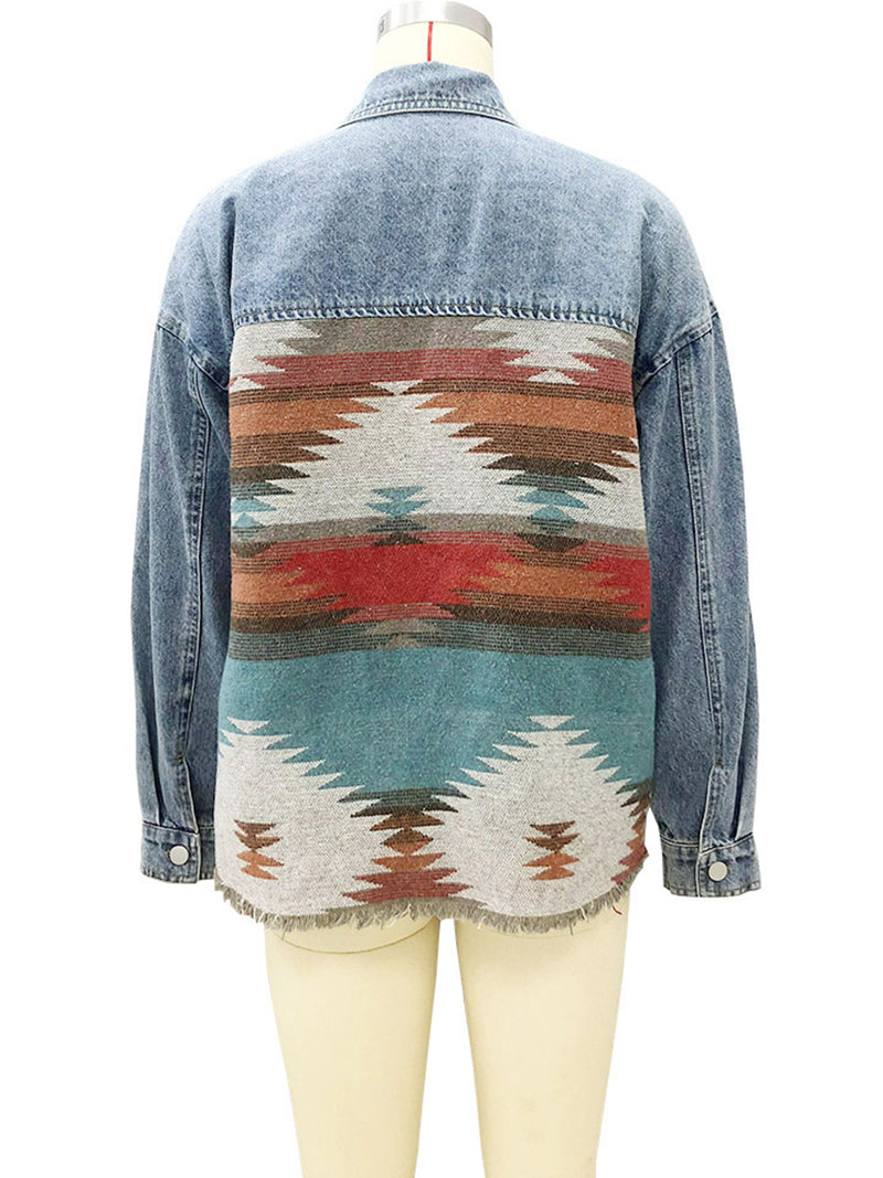 Fashion Denim Patchwork Contrast Aztec Jacket